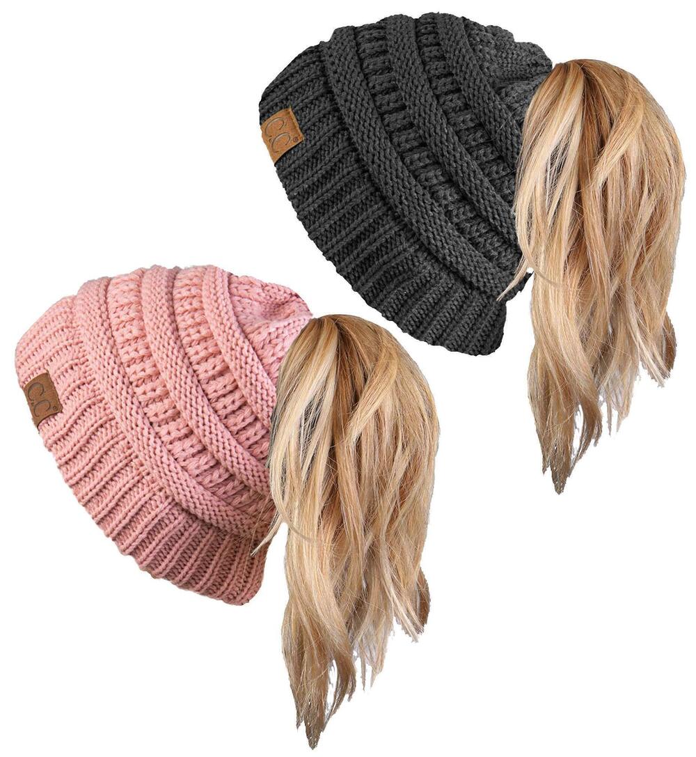 8636 MessyBuns Beanie Bulk 2 Pack - Beanie Tail Bundle, 1 Charcoal, 1 Indi